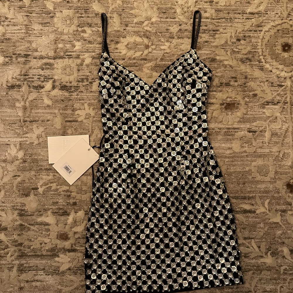 Mac Duggal Black Mini Dress with Silver Details & Lace-up Back. NWT. Never worn